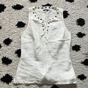 Sisley size small White/slight off white linen Sleeveless Blouse w/ metal holes